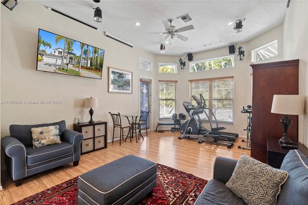 Dining room, Fitness Equipment, Interior, Living room, Recessed Lighting, Wood Texture Flooring