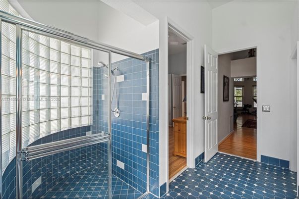 Bathroom, Glass Shower, Interior, Wood Texture Flooring