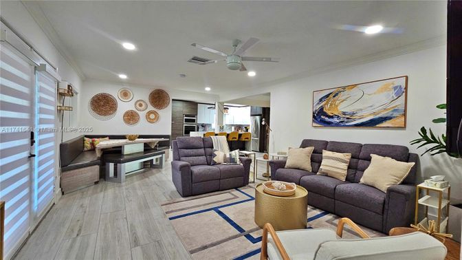 Interior, Kitchen, Living room, Recessed Lighting, Stainless Steel Appliances, Wood Texture Flooring
