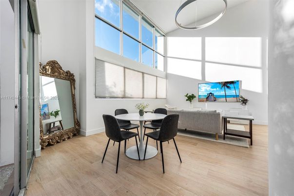 Dining room, Interior, Living room, Pendant Lights, Wood Texture Flooring