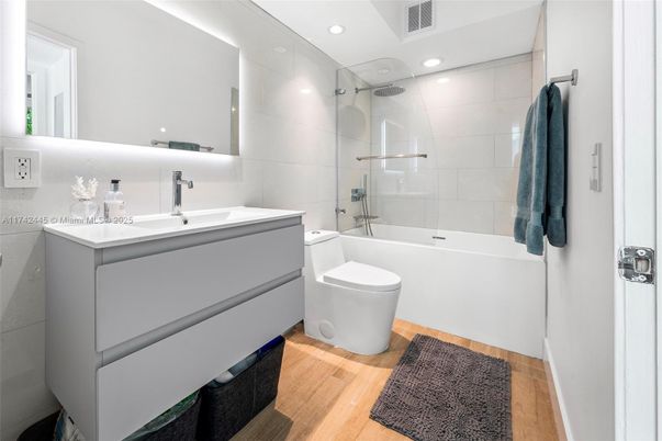 Bathroom, Glass Shower, Interior, Recessed Lighting, Wood Texture Flooring