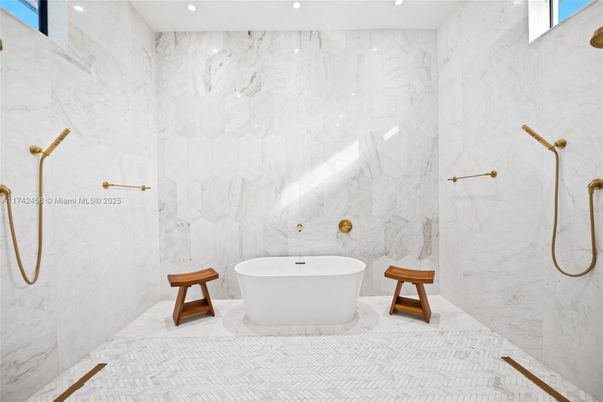 Bathroom, Free Standing Baths, Interior, Marble, Marble Walls, Recessed Lighting