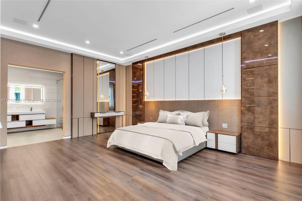 Bedroom, Interior, Pendant Lights, Recessed Lighting, Wood Texture Flooring