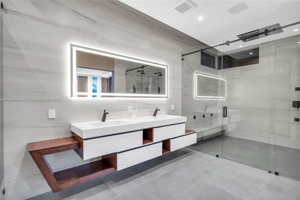 Bathroom, Dual Sink Vanities, Glass Shower, Interior, Recessed Lighting