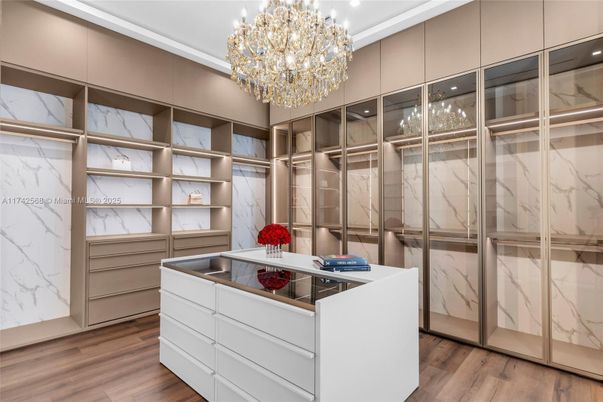 Chandelier, Interior, Marble Walls, Recessed Lighting, Walk-in Closets, Wood Texture Flooring