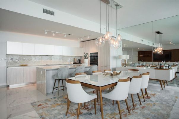 Dining room, Interior, Kitchen, Marble, Pendant Lights, Recessed Lighting, Stainless Steel Appliances