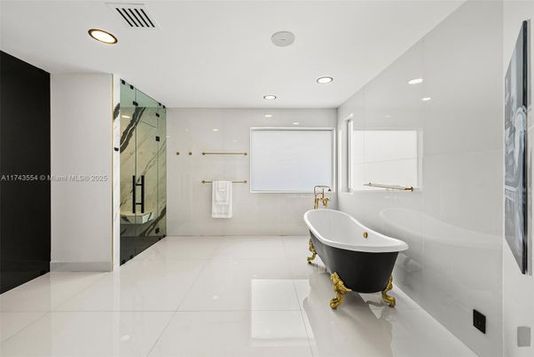 Bathroom, Free Standing Baths, Glass Shower, Interior, Recessed Lighting