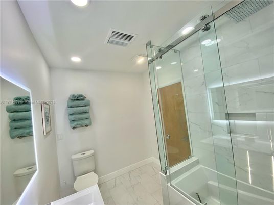 Bathroom, Glass Shower, Interior, Marble, Marble Walls, Recessed Lighting