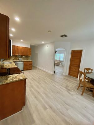 Dining room, Interior, Kitchen, Recessed Lighting, Wood Texture Flooring