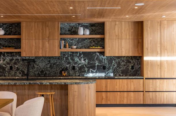 Interior, Kitchen, Marble Walls, Recessed Lighting, Wooden Ceilings