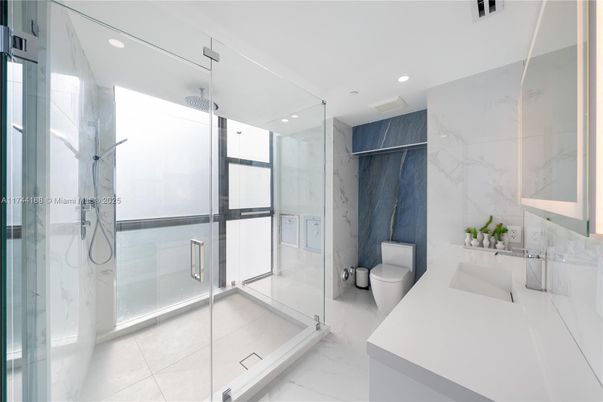 Bathroom, Glass Shower, Interior, Marble, Marble Walls, Recessed Lighting