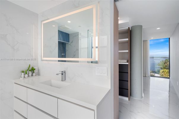 Bathroom, Glass Shower, Interior, Marble, Marble Walls, Recessed Lighting, Water