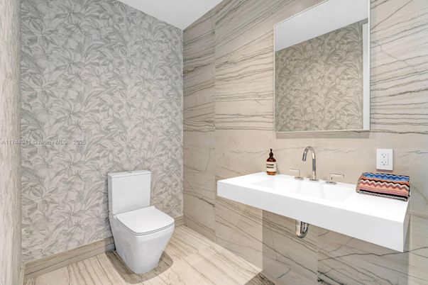 Bathroom, Interior, Marble Walls, Wood Texture Flooring