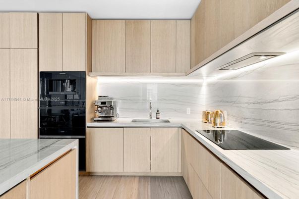 Interior, Kitchen, Marble Walls, Wood Texture Flooring