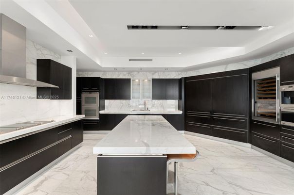 Interior, Kitchen, Marble, Marble Walls, Recessed Lighting, Stainless Steel Appliances