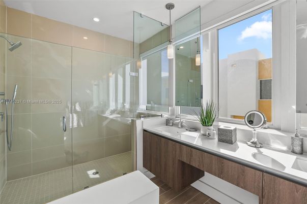 Bathroom, Dual Sink Vanities, Glass Shower, Interior, Pendant Lights, Recessed Lighting