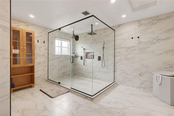 Bathroom, Glass Shower, Interior, Marble, Marble Walls, Recessed Lighting