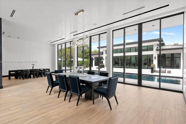 Dining room, Interior, Pendant Lights, Wood Texture Flooring