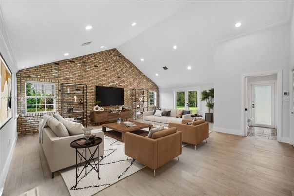 Interior, Living room, Recessed Lighting, Stone Walls, Wood Texture Flooring