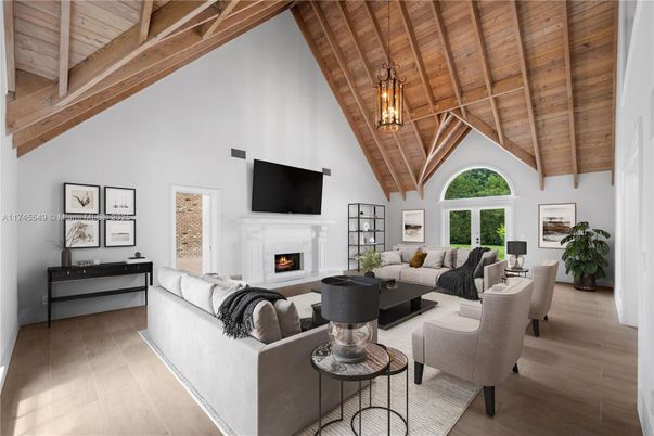 Fireplace, Interior, Living room, Pendant Lights, Wooden Beams, Wooden Ceilings, Wood Texture Flooring