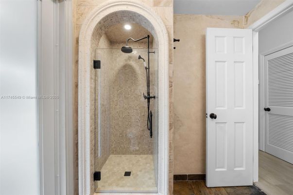 Bathroom, Glass Shower, Interior, Wood Texture Flooring
