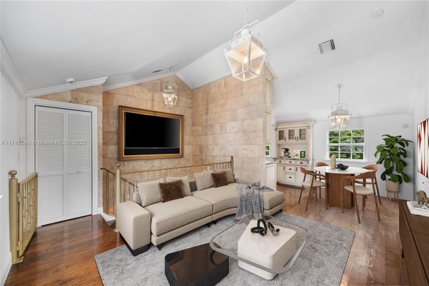 Dining room, Interior, Living room, Pendant Lights, Stone Walls, Wood Texture Flooring