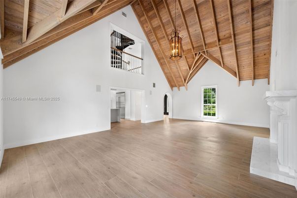 Empty room, Fireplace, Interior, Pendant Lights, Wooden Beams, Wooden Ceilings, Wood Texture Flooring