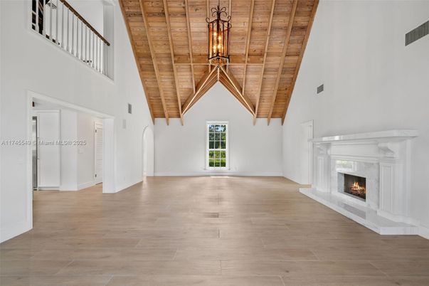 Empty room, Fireplace, Interior, Pendant Lights, Wooden Beams, Wooden Ceilings, Wood Texture Flooring