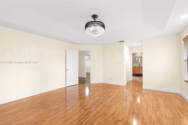 Chandelier, Empty room, Interior, Recessed Lighting, Wood Texture Flooring