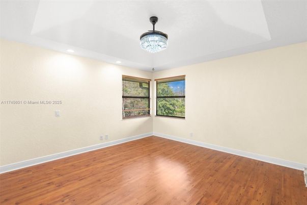 Chandelier, Empty room, Interior, Recessed Lighting, Wood Texture Flooring