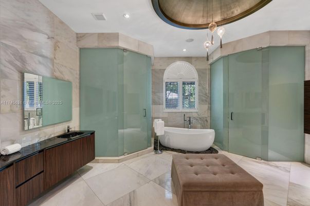 Bathroom, Free Standing Baths, Glass Shower, Interior, Marble Walls, Pendant Lights, Recessed Lighting