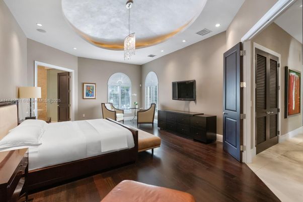 Bedroom, Chandelier, Interior, Recessed Lighting, Wood Texture Flooring