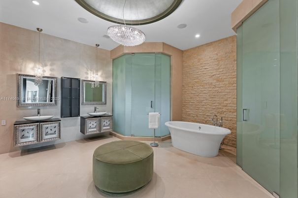 Bathroom, Chandelier, Dual Sink Vanities, Free Standing Baths, Glass Shower, Interior, Recessed Lighting