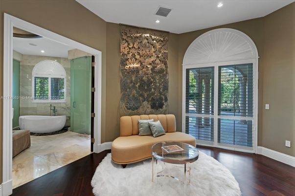 Bathroom, Free Standing Baths, Glass Shower, Interior, Recessed Lighting, Wood Texture Flooring
