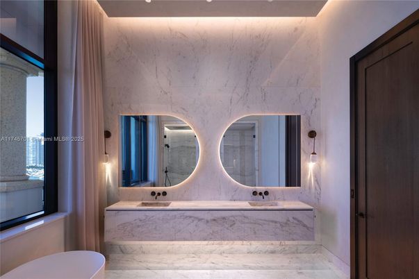 Bathroom, Dual Sink Vanities, Free Standing Baths, Interior, Marble, Marble Walls