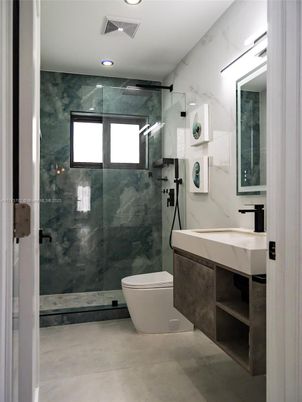 Bathroom, Glass Shower, Interior, Marble Walls, Recessed Lighting