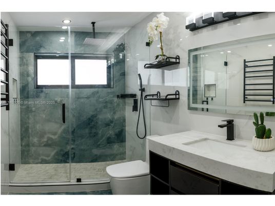 Bathroom, Glass Shower, Interior, Marble Walls, Recessed Lighting