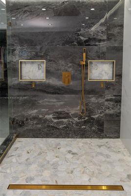 Bathroom, Glass Shower, Interior, Marble, Marble Walls, Recessed Lighting