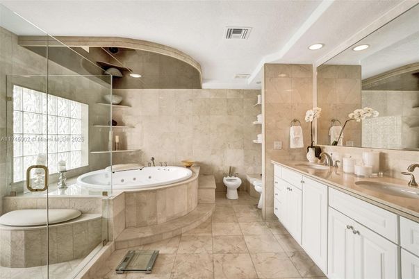 Bathroom, Dual Sink Vanities, Glass Shower, Interior, Recessed Lighting