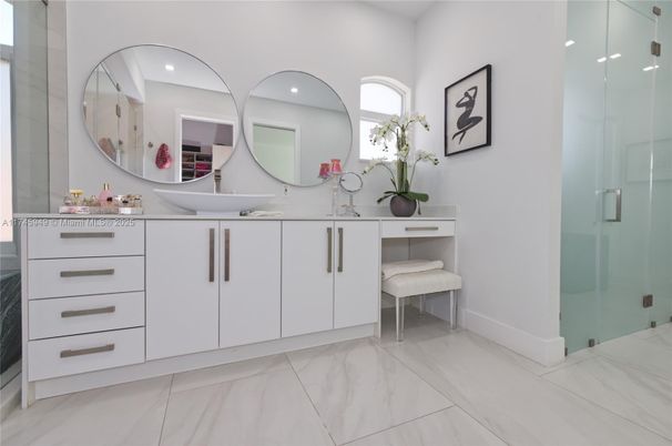 Bathroom, Dual Sink Vanities, Glass Shower, Interior, Marble, Recessed Lighting