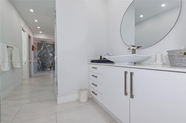 Bathroom, Dual Sink Vanities, Glass Shower, Interior, Marble, Recessed Lighting
