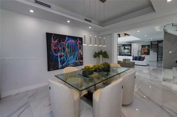 Dining room, Interior, Living room, Marble, Pendant Lights, Recessed Lighting