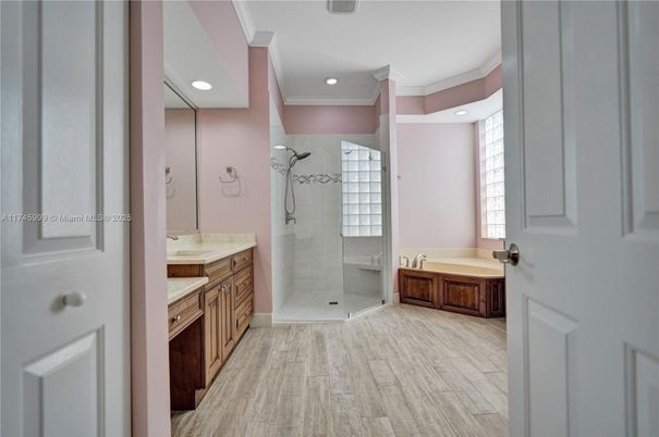 Bathroom, Glass Shower, Interior, Recessed Lighting, Wood Texture Flooring
