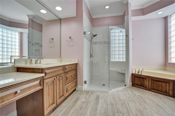 Bathroom, Dual Sink Vanities, Glass Shower, Interior, Recessed Lighting