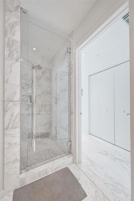 Bathroom, Glass Shower, Interior, Marble, Marble Walls, Recessed Lighting