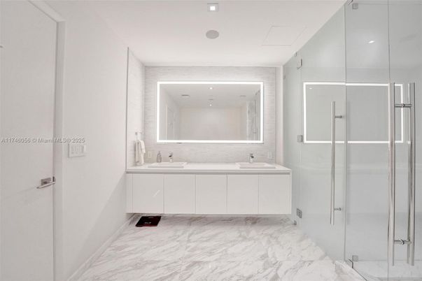 Bathroom, Dual Sink Vanities, Glass Shower, Interior, Marble, Recessed Lighting