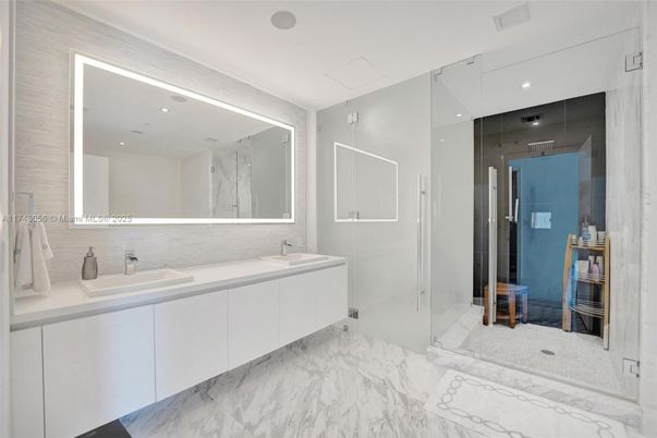 Bathroom, Dual Sink Vanities, Glass Shower, Interior, Marble, Recessed Lighting