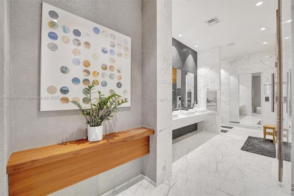 Bathroom, Glass Shower, Interior, Marble, Marble Walls, Recessed Lighting