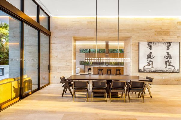 Dining room, Interior, Pendant Lights, Stone Walls, Wood Texture Flooring