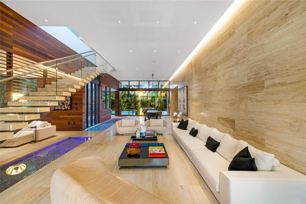 Interior, Living room, Pendant Lights, Recessed Lighting, Wood Texture Flooring, Wooden Walls